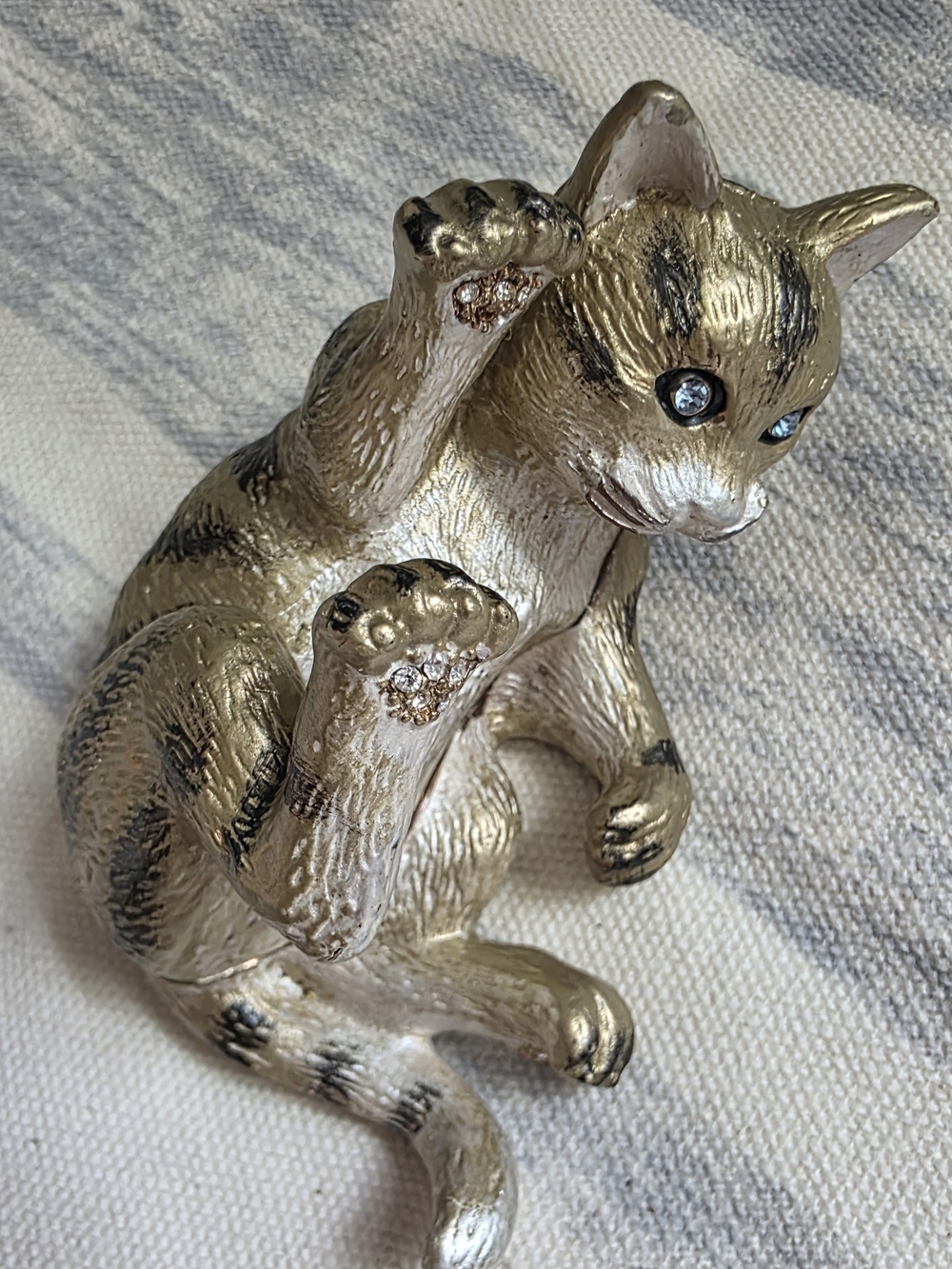 Gold Tone Cat Trinket Box Rhinestone Eyes Jewelry Box Hinged Figurine Decor